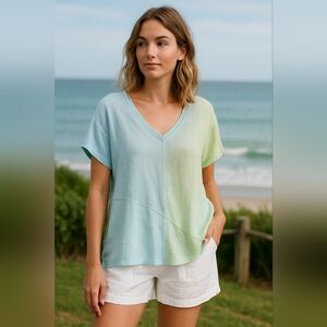 Bashara Lesser Women’s Oversized Linen Top Small Pastel Ombre V-Neck Made in USA